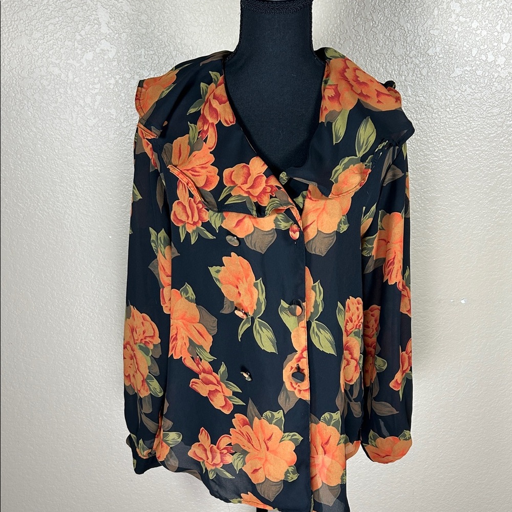 Notations Black and Orange Floral Blouse